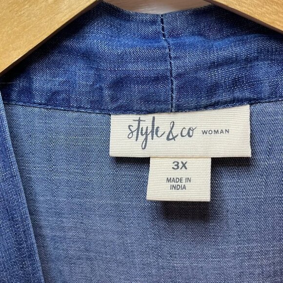 Style & Co Woman Plus-Size Blue Chambray Floral Embroider Cardigan/Duster Sz 3x - Picture 4 of 9